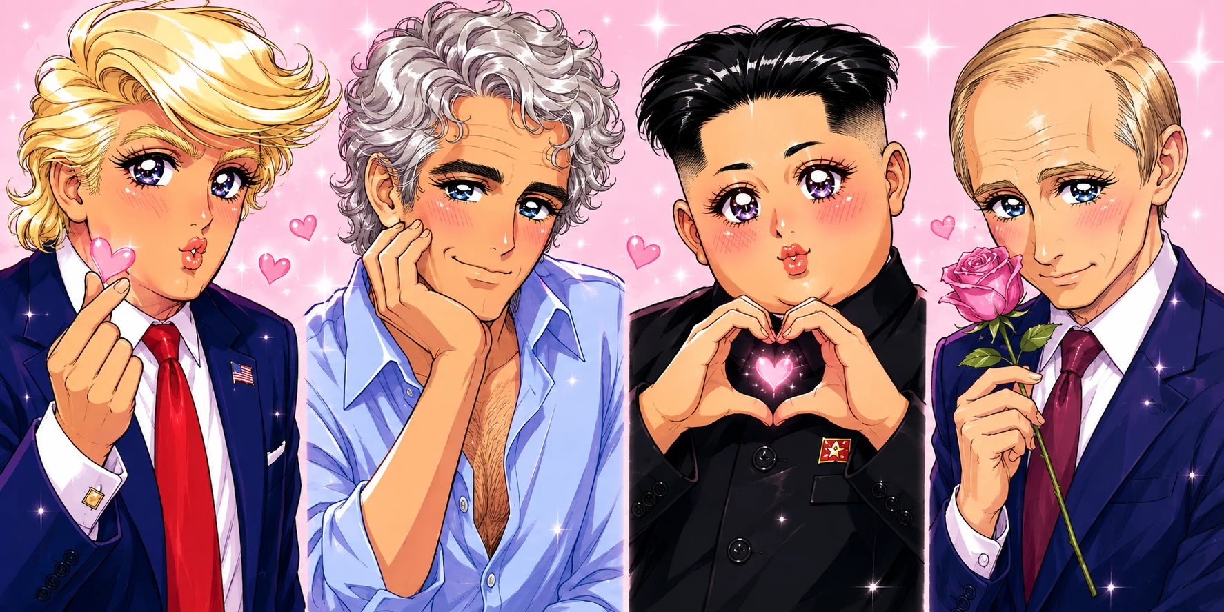 Anime caricatures of Donald Trump, Jeffrey Epstein, Kim Jong Un and Vladimir Putin